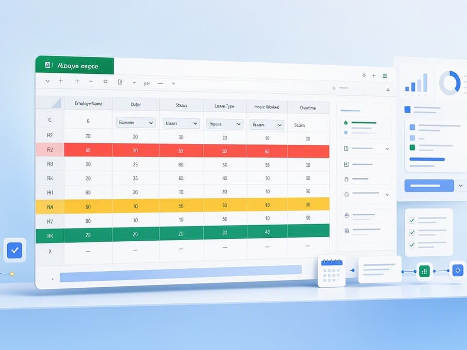 Data validation dropdowns and conditional formatting standardize entries and highlight attendance issues instantly.