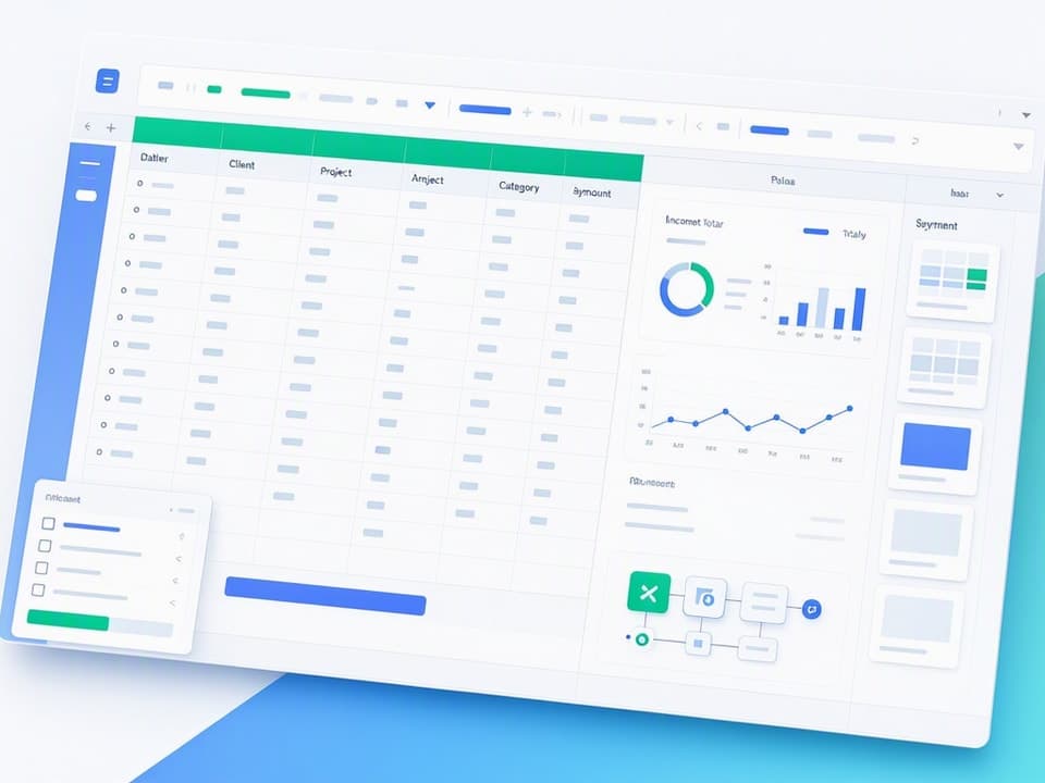A clean income tracker with category filters and auto-calculated monthly revenue